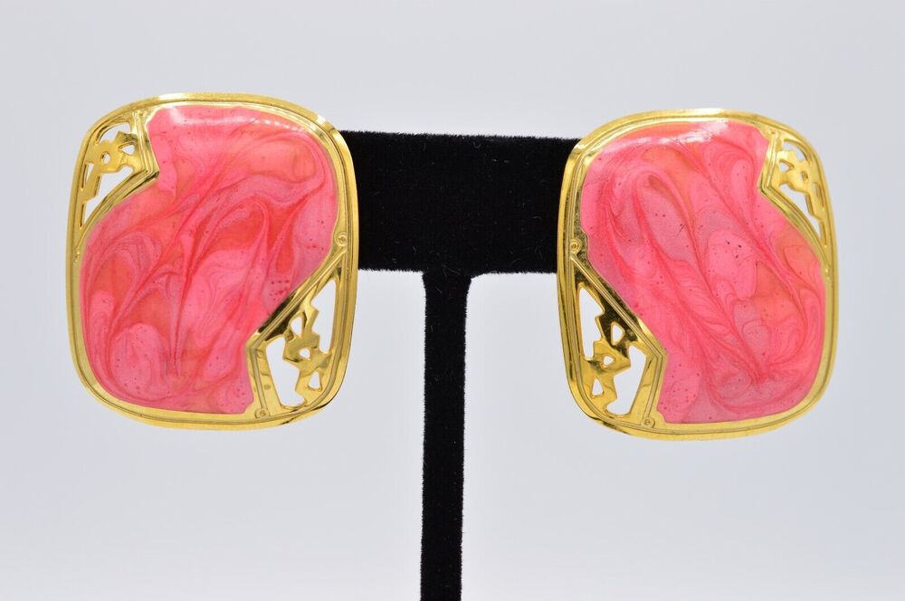 Vintage Chunky Pierced Earrings Gold Metal Pink Enamel Square 1980s BinAA